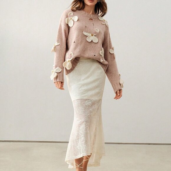 Camel Casual Women's Hand-Crocheted 3D Floral Round Neck Sweater - Picture 7 of 7